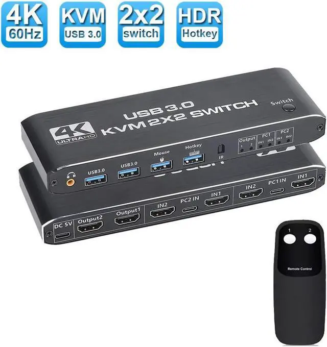 2 Port KVM Switch HDMI Dual Monitor Switcher for 2 Computers and 2 Monitors 4K 60Hz 2x2 HDMI + HDMI Dual Monitor KVM Switch with Hotkey Switching and 3.5mm Jack Audio Output