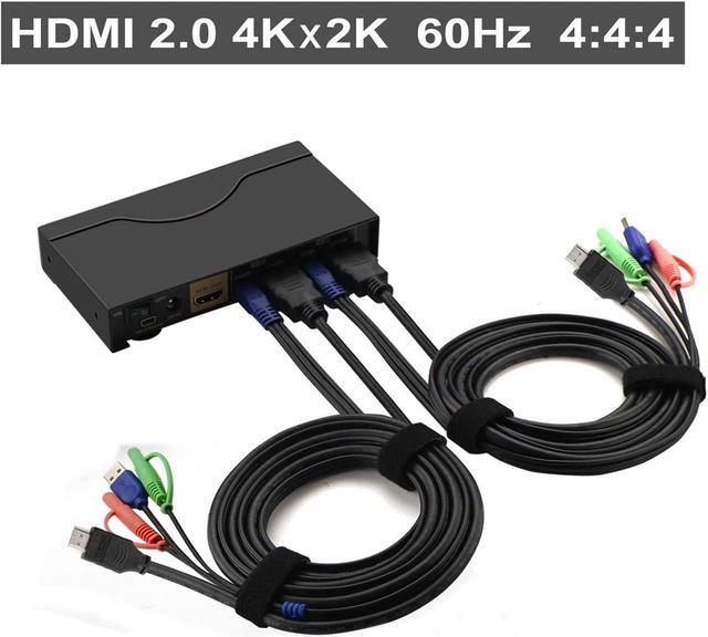 2 Port KVM Switch HDMI Dual Port KVM HDMI Switch With Audio Microphone 2 USB 2.0 Hub And Cables Support Wireless Keyboard Mouse Resolution Up To 4Kx2K 60Hz 4:4:4