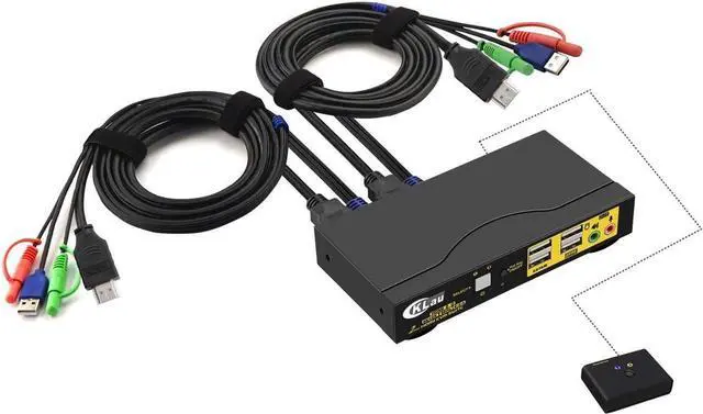 2 Port KVM Switch HDMI Dual Port KVM HDMI Switch with Audio Microphone 2 USB 2.0 Hub and Cables Support Wireless Keyboard Mouse Resolution Up to 4Kx2K 60Hz 4:4:4