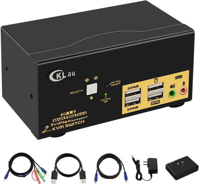 2 Port KVM Switch Triple Monitor DisplayPort 4K 60Hz 2 Computers x 3 Monitors KVM Switch with Audio and USB 2.0 HUBS DP 1.2 KVM Switch