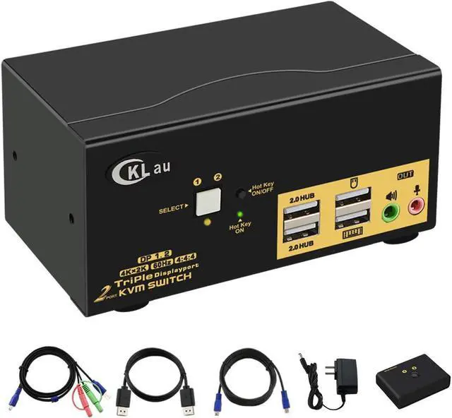 2 Port KVM Switch Triple Monitor DisplayPort 4K 60Hz 2 Computers x 3 Monitors KVM Switch with Audio and USB 2.0 HUBS DP 1.2 KVM Switch