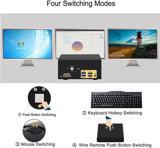 2 Port Triple Monitor HDMI KVM Switch HDMI USB 3.0 KVM Switch With Audio Output All Input Cables 2 USB 3.0 Hub For 2 Computers Sharing 3 Monitors Supports Emulation EDID Hotkey Switching