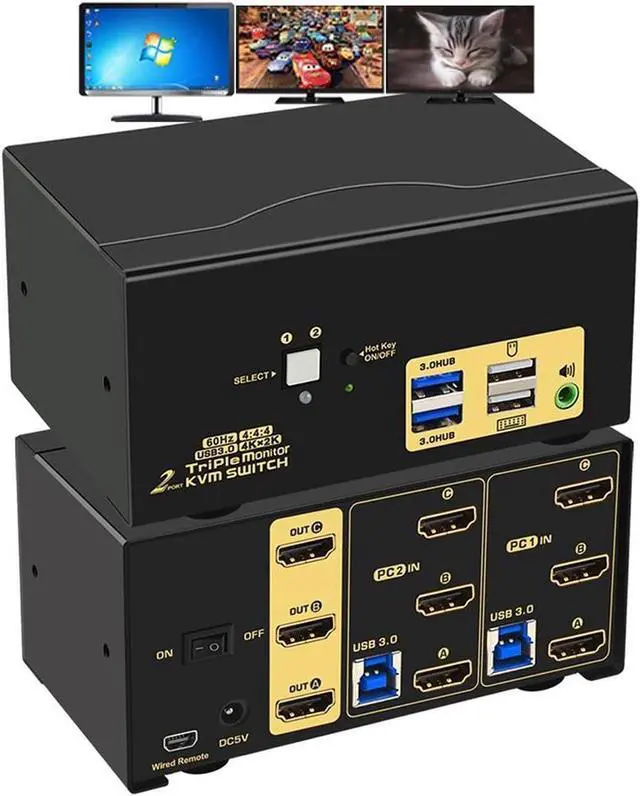 2 Port Triple Monitor HDMI KVM Switch HDMI USB 3.0 KVM Switch with Audio Output All Input Cables 2 USB 3.0 Hub for 2 Computers Sharing 3 Monitors Supports Emulation EDID Hotkey Switching