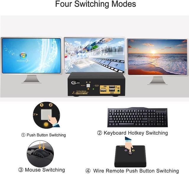 2 Port Triple Monitor KVM USB C 3 Monitor KVM Switch USB-C With Audio USB 2.0 Hub And Cables For 2 Computers/Macs/Mobile Phones Sharing 3 Monitors And Single Keyboard Mouse