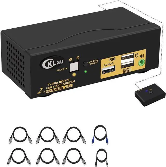 2 Port Triple Monitor KVM USB C 3 Monitor KVM Switch USB-C with Audio USB 2.0 Hub and Cables for 2 Computers/Macs/Mobile Phones Sharing 3 Monitors and Single Keyboard Mouse