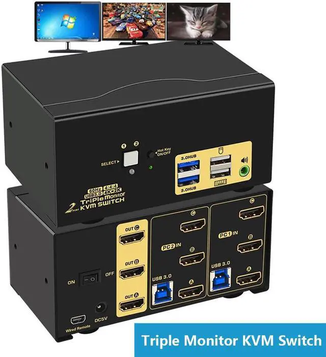 2 Port Triple Monitor USB 3.0 HDMI KVM Switch with Audio Output All Input Cables 4K 60Hz Triple Monitor HDMI KVM Switch for 2 Computers Sharing 3 Monitors Supports Emulation EDID with 2 USB 3.0 Hub