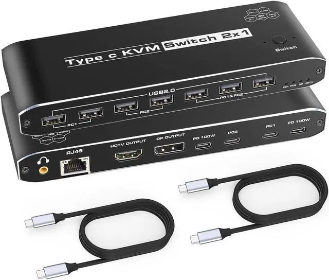 2 Port Type-C [HDMI or Displayport Out] KVM Switch USB C KVM Switch with 7 USB-A Ports 2 USB-C Charging 100W RJ45 3.5mm Jack Thunderbolt KVM Supports 4K 60Hz with HDMI and DP Output for Laptop