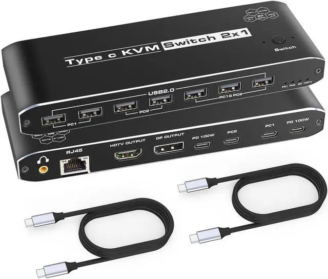 2 Port Type-C [HDMI or Displayport Out] KVM Switch USB C KVM Switch with 7 USB-A Ports 2 USB-C Charging 100W RJ45 3.5mm Jack Thunderbolt KVM Supports 4K 60Hz with HDMI and DP Output for Laptop