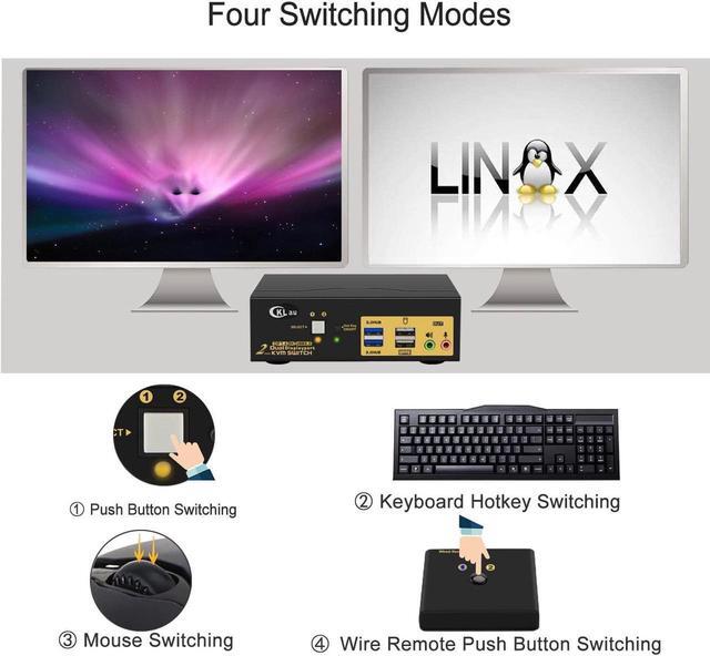 2 Port USB 3.0 Dual Monitor Displayport KVM Switch 2 In 2 Out Displayport 1.4 8K 30Hz 4K 144Hz With Audio And Cables For 2 Computers Support Hotkey Switching