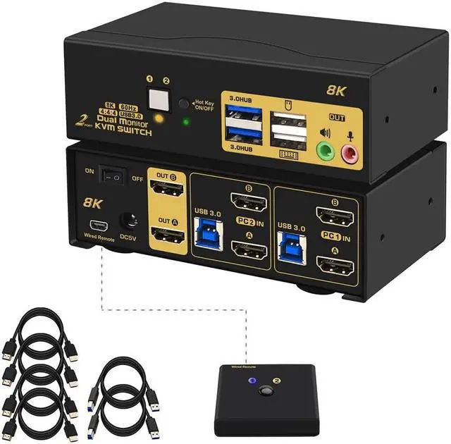 2 Port USB 3.0 HDMI KVM Switch for 2 Computer 2 Monitors Dual Monitor HDMI KVM Switch 2 in 2 Out 8K 60Hz with Audio Output 2 USB 3.0 Hubs and Cables Supports HDMI 2.1 HDCP HDR and Support Hotkey