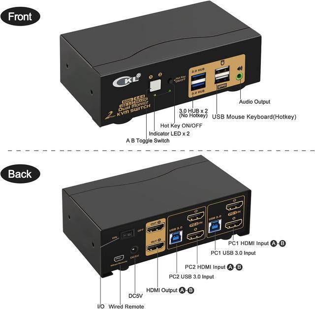 2 Port USB 3.0 KVM Switch Dual Monitor HDMI 4K 60Hz Keyboard Video Mouse Peripherals Switcher For 2 Computers 2 Monitors With Audio 922HUA-3