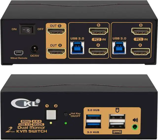 2 Port USB 3.0 KVM Switch Dual Monitor HDMI 4K 60Hz Keyboard Video Mouse Peripherals Switcher for 2 Computers 2 Monitors with Audio 922HUA-3