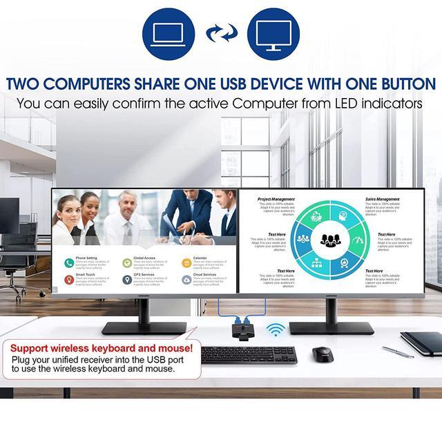 2 Port USB 3.0 Switch Selector Bi-directional USB Sharing Switch [2 In 1 Out/ 1 In 2 Out] USB3.0 KVM Switcher Box Adapter For Keyboard Mouse Scanner Printer (2 Pack USB 3.0 Cable Included)