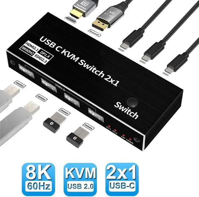 2 Port USB-C 8K KVM Switch 2 PC Input 1 DP/HDMI Monitor Output 2In 1Out 8K 60Hz 4K 144Hz with 4 USB2.0 Port 2 PC Sharing one USB Keyboard Mouse U disks