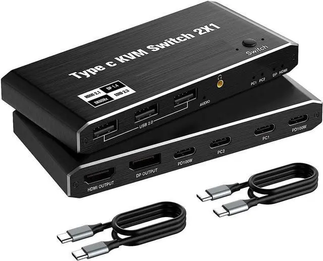 2 Port USB-C 8K KVM Switch 2 PC Input 1 DP/HDMI Monitor Output 2In 1Out 8K 60Hz 4K 144Hz 2-Port 100W PD with 3 USB2.0 Port 3.5mm Audio Jack 2 PC Sharing one USB Keyboard Mouse U disks