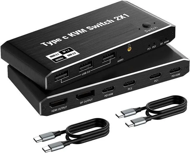 2 Port USB-C 8K KVM Switch 2 PC Input 1 DP/HDMI Monitor Output 2In 1Out 8K 60Hz 4K 144Hz 2-Port 100W PD with 3 USB2.0 Port 3.5mm Audio Jack 2 PC Sharing one USB Keyboard Mouse U disks