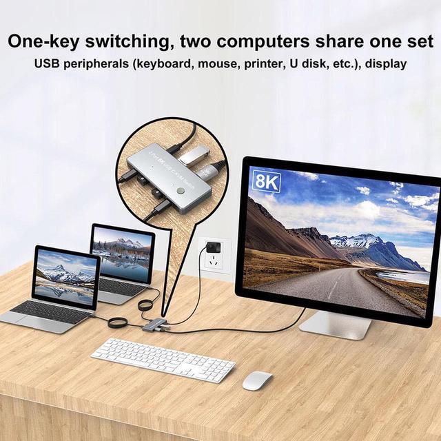 2 Port USB C KVM Switch 8K 60Hz KVM Switch Displayport 2 In 1 Out. KVM Switch For 2 Computer Share 1 Monitor And USB 3.0 Hub Button Switch Support 8K 60Hz 4K 144Hz 3D 1080P