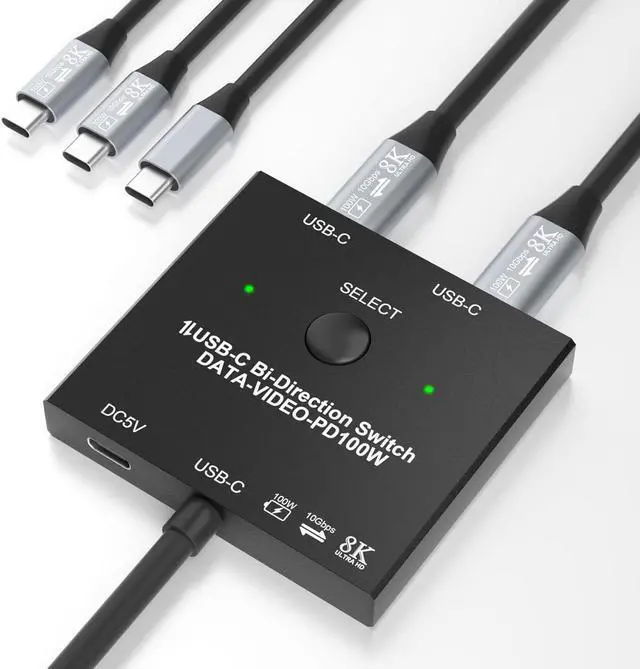 2 Port USB C Switch Bi-Directional [2 in 1 Out / 1 in 2 Out] USB C Switcher 2 Computers USB C KVM Switch Support 8K 60Hz/4K 120Hz Video/10Gbps Data Transfer/100W Charging with 2 USB-C Cables