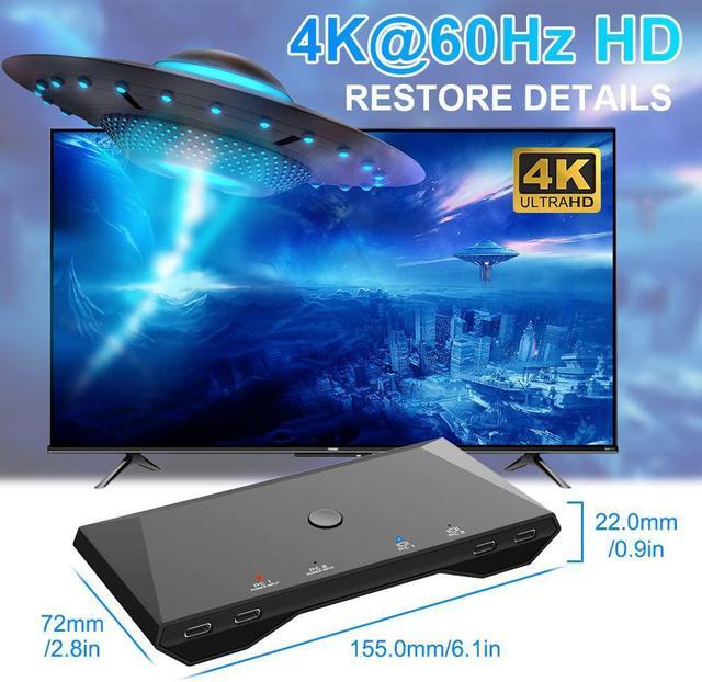 2-Port USB Type-C KVM Switch 4K 60Hz HDMI KVM Switch 2 In 1 Out Dual USB C KVM Switch 2 Computers With HDMI 60W PD 3X USB 2.0 Remote Control 3.5mm Audio/Mic For M-a-c-Book I-Pad Pro USB-C PC