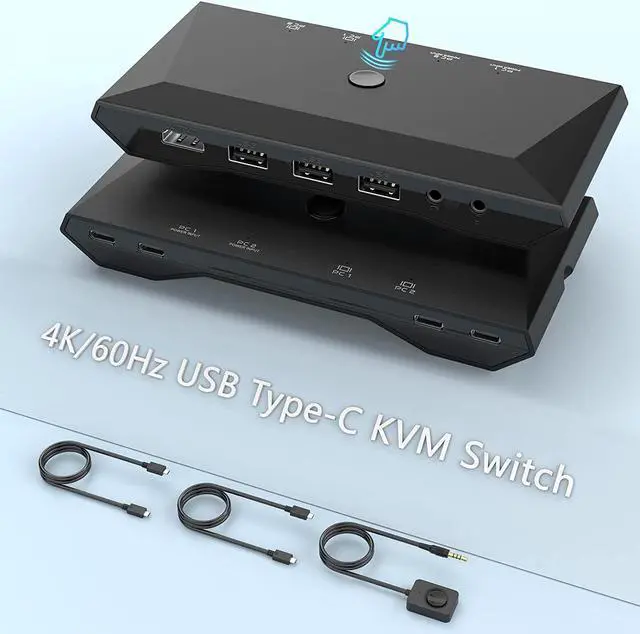 2-Port USB Type-C KVM Switch 4K 60Hz HDMI KVM Switch 2 in 1 Out Dual USB C KVM Switch 2 Computers with HDMI 60W PD 3X USB 2.0 Remote Control 3.5mm Audio/Mic for M-a-c-Book i-Pad Pro USB-C PC
