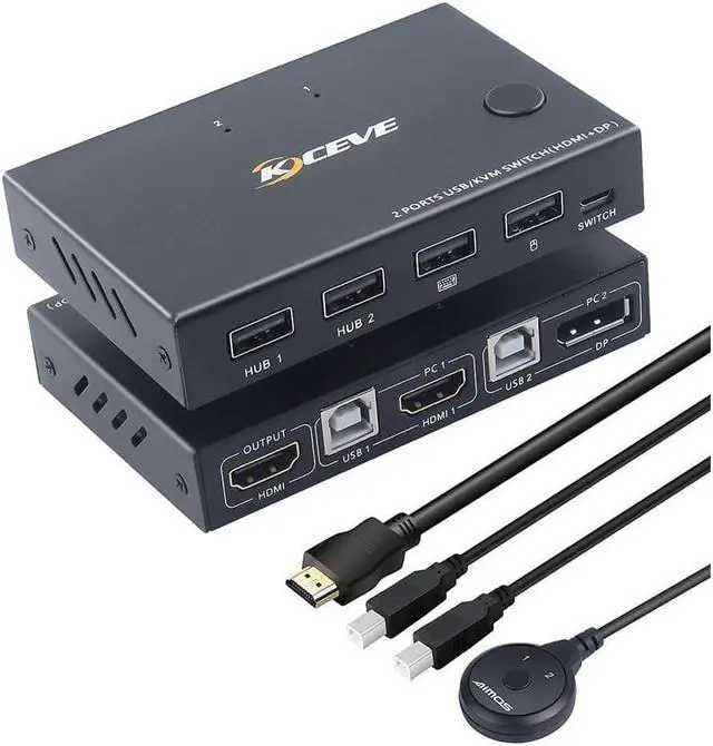 2 Ports Displayport HDMI KVM Switch Box Displayport and HDMI KVM Switcher for 2 Computers Sharing One HD Monitor and 4 USB Devices Keyboard Mouse Printer with DP to HDMI Adapter Function
