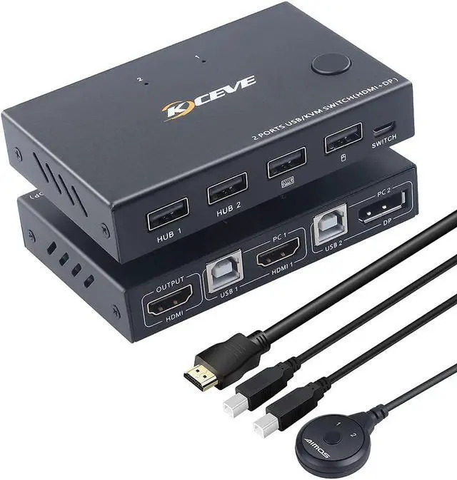 2 Ports Displayport HDMI KVM Switch Box Displayport and HDMI KVM Switcher for 2 Computers Sharing One HD Monitor and 4 USB Devices Keyboard Mouse Printer with DP to HDMI Adapter Function