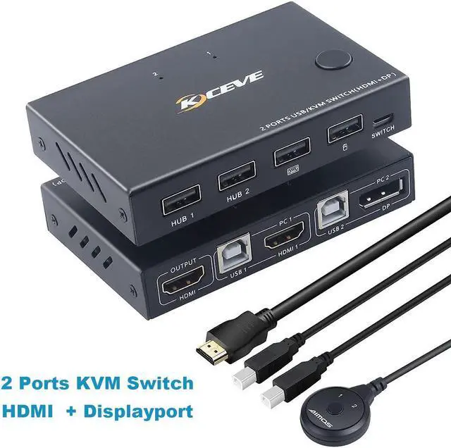2 Ports Displayport HDMI KVM Switch Box USB Displayport and HDMI KVM Switcher for 2 Computers Sharing One HD Monitor and 4 USB Devices Keyboard Mouse Printer with DP to HD MI Adapter Function