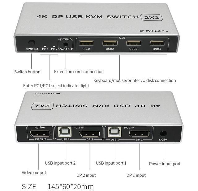2 Ports Displayport KVM Switch Displayport USB Displayport KVM 144Hz DP Switcher 4KX2K/60Hz 2K/144Hz Displayport 2 In 1 Out Displayport USB KVM Switcher 2 Desktop PC Hosts Sharing Keyboard Mouse
