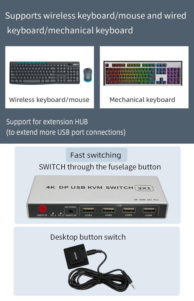 2 Ports Displayport KVM Switch Displayport USB Displayport KVM 144Hz DP Switcher 4KX2K/60Hz 2K/144Hz Displayport 2 In 1 Out Displayport USB KVM Switcher 2 Desktop PC Hosts Sharing Keyboard Mouse