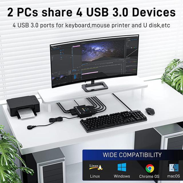 2 Ports Displayport KVM Switch Support 3440x1440 144Hz 3840x2160 60Hz For 2 PC 1 Monitor To Share 4 USB 3.0 Devices USb 3.0 DP KVM Switch 2 In 1 Out Includes 2x USB 3.0 Cables And Wired Controller