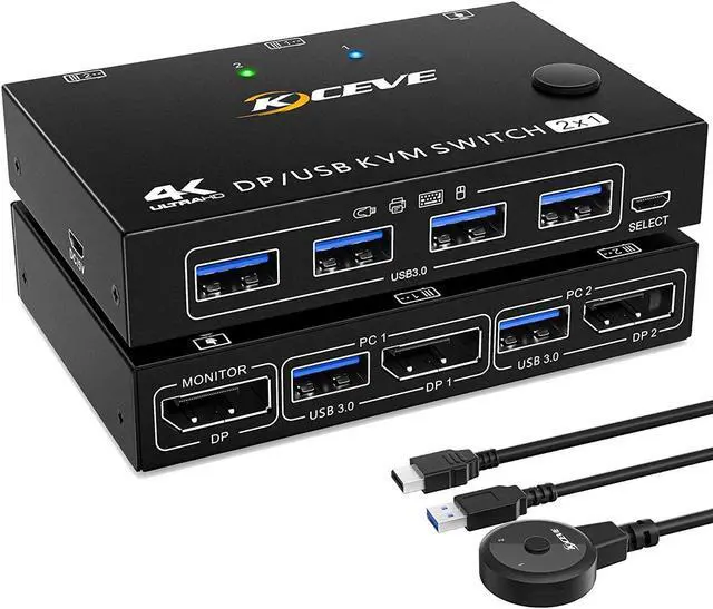 2 Ports Displayport KVM Switch Support 3440x1440 144Hz 3840x2160 60Hz for 2 PC 1 Monitor to Share 4 USB 3.0 Devices USb 3.0 DP KVM Switch 2 in 1 Out Includes 2x USB 3.0 Cables and Wired Controller