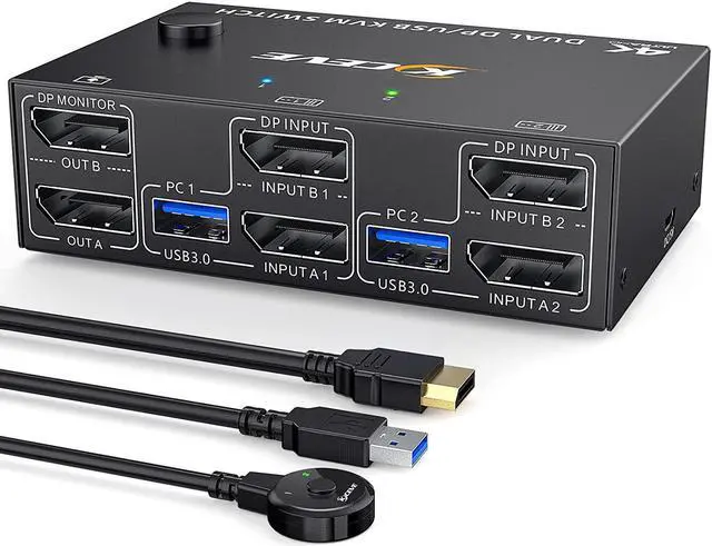 2 Ports Dual Monitor DisplayPort KVM Switch 8K 30Hz 4K 60Hz 2 in 2 Out DP 1.4 KVM Switch and 4 USB 3.0 for 2 Computers Backward Compatible DP1.2 with DP+USB Cables and Wired Controller included