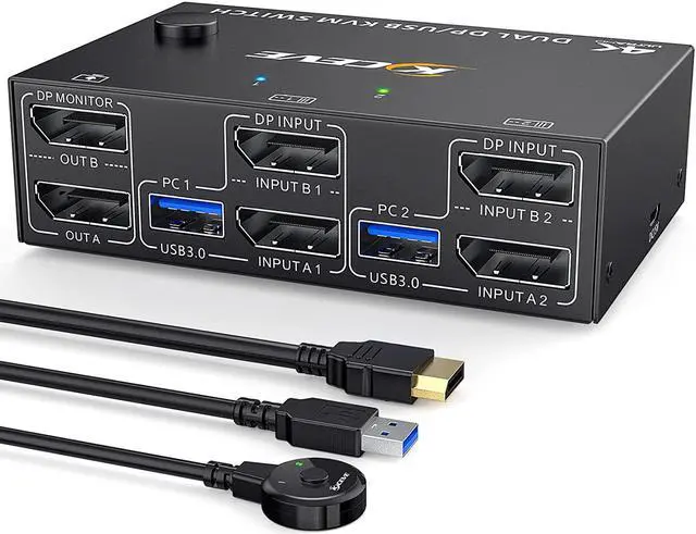 2 Ports Dual Monitor DisplayPort KVM Switch 8K 30Hz 4K 60Hz 2 in 2 Out DP 1.4 KVM Switch and 4 USB 3.0 for 2 Computers Backward Compatible DP1.2 with DP+USB Cables and Wired Controller included