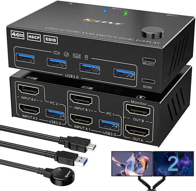 2 Ports Dual Monitor HDMI KVM Switch 2 in 2 Out 4K 60Hz KVM Switch HDMI Extended Display 2 Computers 2 Monitors and 4 USB 3.0 Ports with Simulation EDID Wired Controller HD-MI 2.0+USB 3.0 Cables