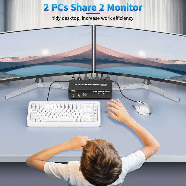 2 Ports Dual Monitor KVM Switch 4K 60Hz KVM Switch 2 Monitors 2 Computers KVM Dual Monitor HDMI Switcher 2x2 For 2 Computers Share 2 Displays And 5 USB 2.0 Ports Wired Remote And USB Power Cable