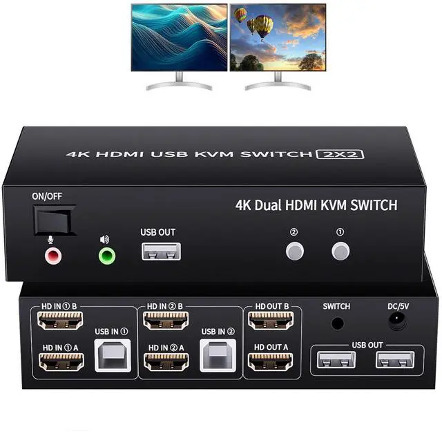 2 Ports Dual Monitor KVM Switch 4K 60Hz KVM Switch 2 Monitors 2 Computers KVM Dual Monitor HDMI Switcher 2x2 for 2 Computers Share 2 Displays and 5 USB 2.0 Ports Wired Remote and USB Power Cable