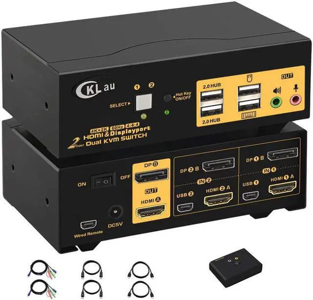 2 Ports HDMI DP KVM Switch Dual Monitor HDMI + DisplayPort 4K 60Hz 2-Port HDMI Display Port KVM Switch for 2 Computers 2 Monitors with USB 2.0 HUB and Cables