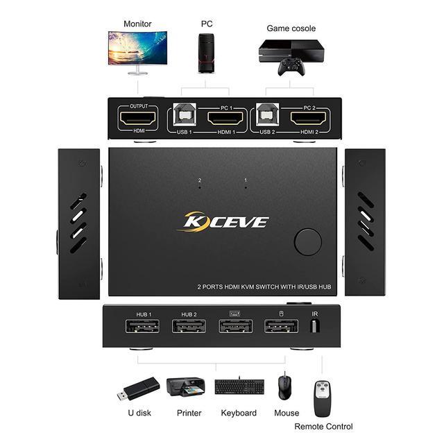 2 Ports HDMI KVM Switch KVM Switch HDMI 2 Port USB 2.0 Switcher Box 2 In 1 Out HDMI Switch For 2 Computers Share Keyboard And Mouse Support 4K 30Hz With Remote Control And 2 USB 2.0 Cable