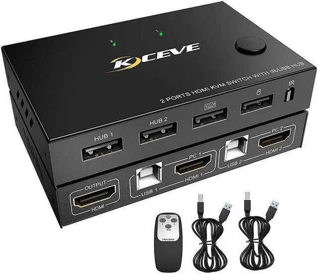 2 Ports HDMI KVM Switch KVM Switch HDMI 2 Port USB 2.0 Switcher Box 2 in 1 Out HDMI Switch for 2 Computers Share Keyboard and Mouse Support 4K 30Hz with Remote Control and 2 USB 2.0 Cable