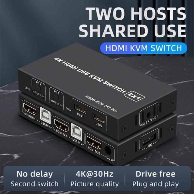 2 Ports HDMI KVM Switch USB HDMI KVM Switcher 4Kx2K 30Hz HDMI 1.4 For 2 Computer Host Sharing Monitor Mouse Keyboard Hub USB Device For PC Laptop Win7 Win10 MAC