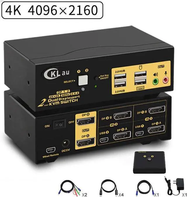2 Ports KVM Switch Dual Monitor DisplayPort 2 In 2 Out 2x2 DP KVM Switch with Audio and USB 2.0 HUBs Support Hotkey Switching Resolution Up to 4096x2160 60Hz 4:4:4