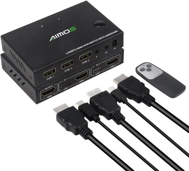 2 Ports TYPE-C HDMI KVM Switch 4Kx2K 30Hz 2 In 1 Out Keyboard Mouse and Printer Sharing Computer Display Switch Audio and Video Synchronization (Remote /Manual Control)