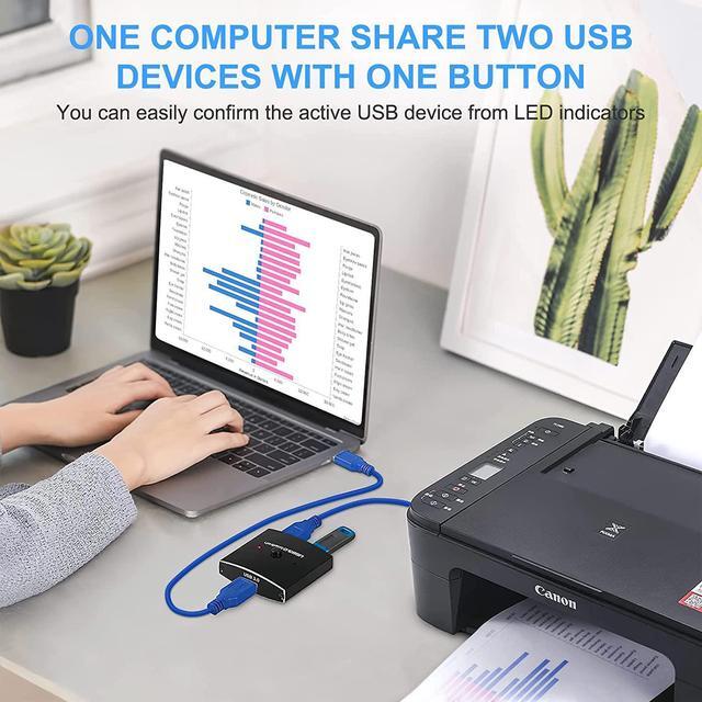 2 Ports USB Switch 3.0 KVM Switch Bi-Directional USB Switch Selector 2 In 1 Out/1 In 2 Out USB Switcher 2 Computers Share 1 USB Devices For PCs Mouse Keyboard Printer Scanner (with 2 USB 3.0 Cables)