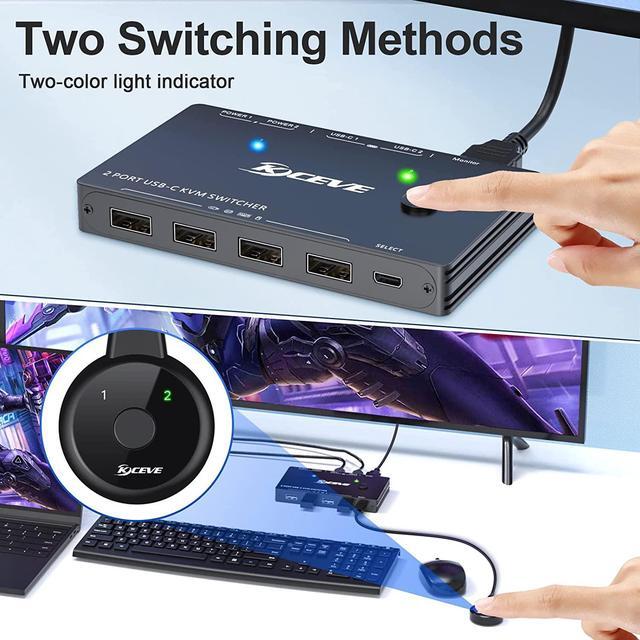 2 Ports USB Type-C KVM Switch 4K 60Hz 2 In 1 Out USB C KVM Switch For 2 Computers Share 1 HDMI Monitor And USB Devices-Power Delivery 100W Type-C KVM With USB-C Cable HD-MI2.0 Cable And Wired Remote