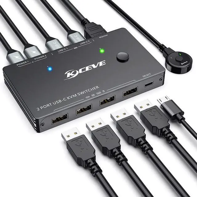 2 Ports USB Type-C KVM Switch 4K 60Hz 2 in 1 Out USB C KVM Switch for 2 Computers Share 1 HDMI Monitor and USB Devices-Power Delivery 100W Type-C KVM with USB-C Cable HD-MI2.0 Cable and Wired Remote