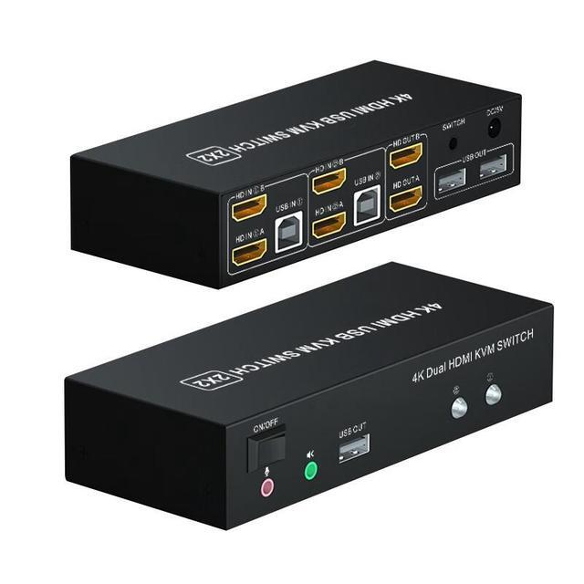 2 X 2 HDMI KVM Switch 4K 60Hz Dual Monitor KVM Switch 2 In 2 Out USB HDMI KVM Switcher 3840*2160 60Hz 3.5mm Microphone Audio Input With Desk Wired Switch
