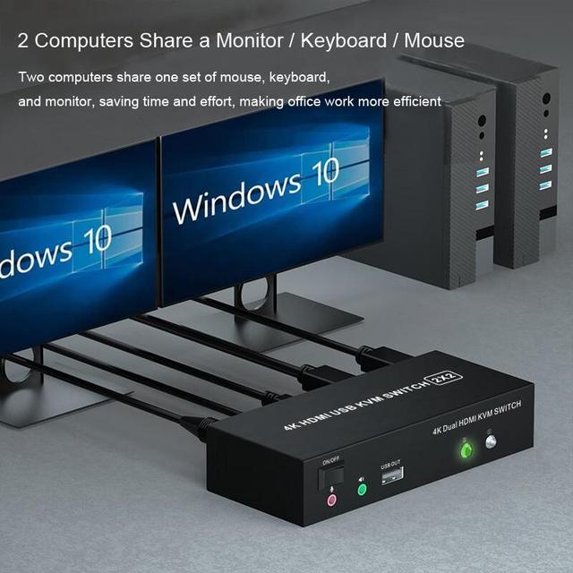 2 X 2 HDMI KVM Switch 4K 60Hz Dual Monitor KVM Switch 2 In 2 Out USB HDMI KVM Switcher 3840*2160 60Hz 3.5mm Microphone Audio Input With Desk Wired Switch