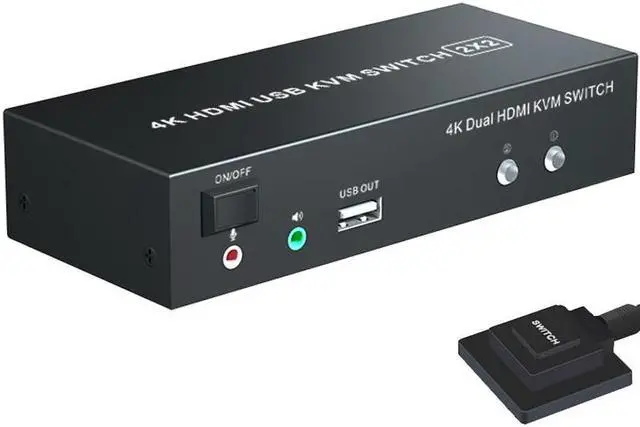 2 X 2 HDMI KVM Switch 4K 60Hz Dual Monitor KVM Switch 2 In 2 Out USB HDMI KVM Switcher 3840*2160 60Hz 3.5mm Microphone Audio Input with Desk Wired Switch