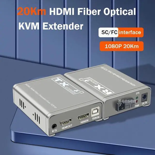 20Km HDMI KVM Fiber Extender HDMI With USB2.0 Over SC/FC port Fiber Optic Cable HDMI to Fiber Video Audio Transmitter Converter(US Plug) (One TX and One RX)