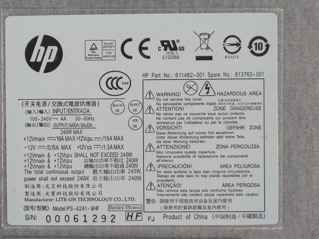 240 Watt Bestec Power Supply For HP Part # 611482-001 613763-001CFH-240AWWA